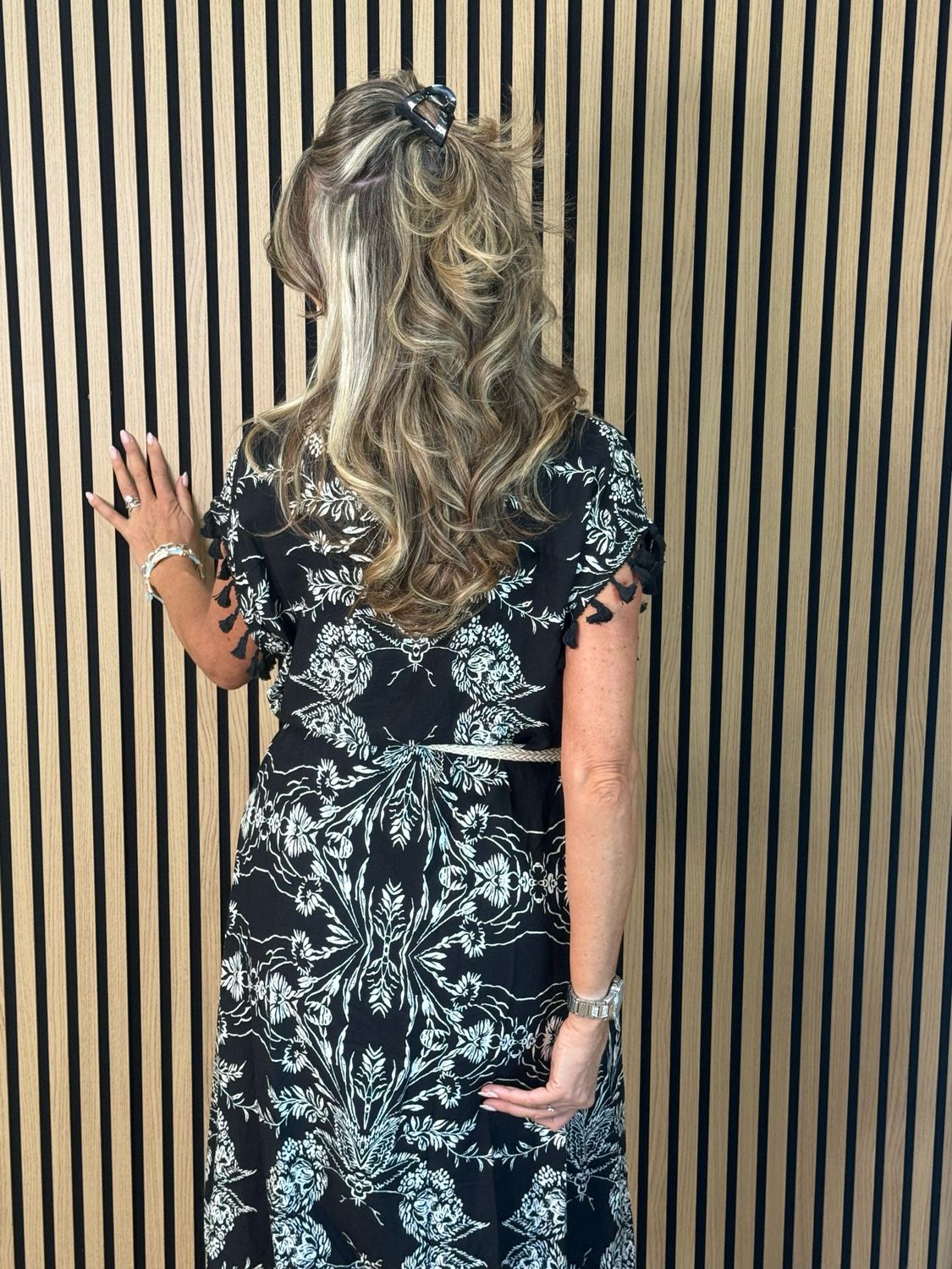 Floral Tassel Sleeve Dress - Black