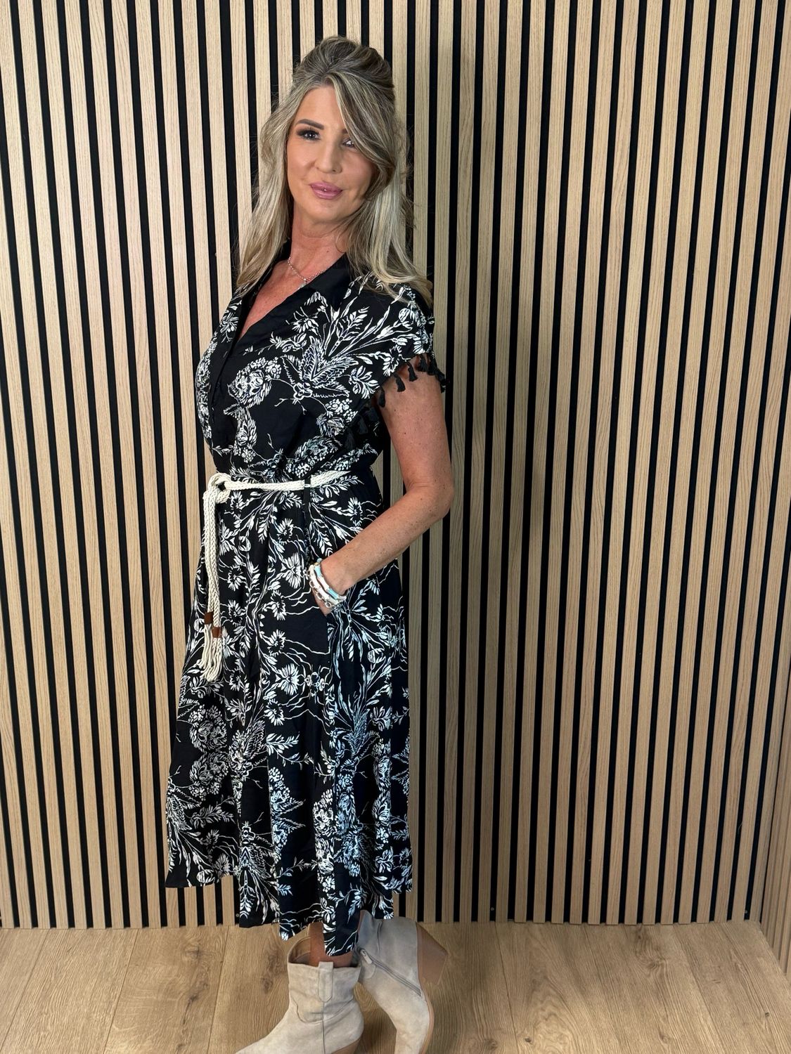 Floral Tassel Sleeve Dress - Black