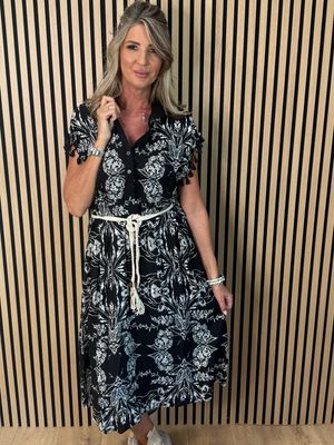 Floral Tassel Sleeve Dress - Black