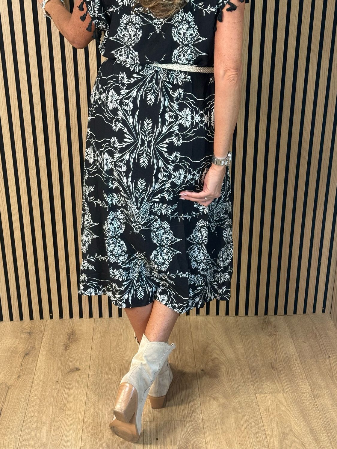 Floral Tassel Sleeve Dress - Black