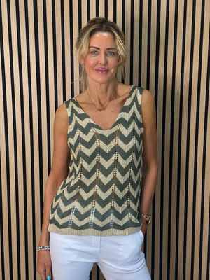 Sienna - Chevron Knit Vest Top - Khaki/Gold