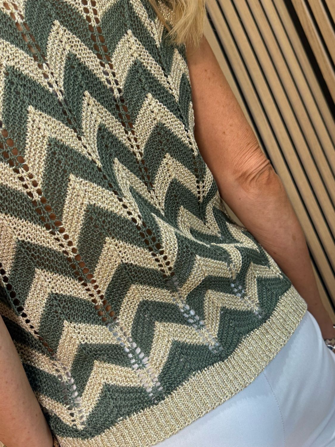 Sienna - Chevron Knit Vest Top - Khaki/Gold