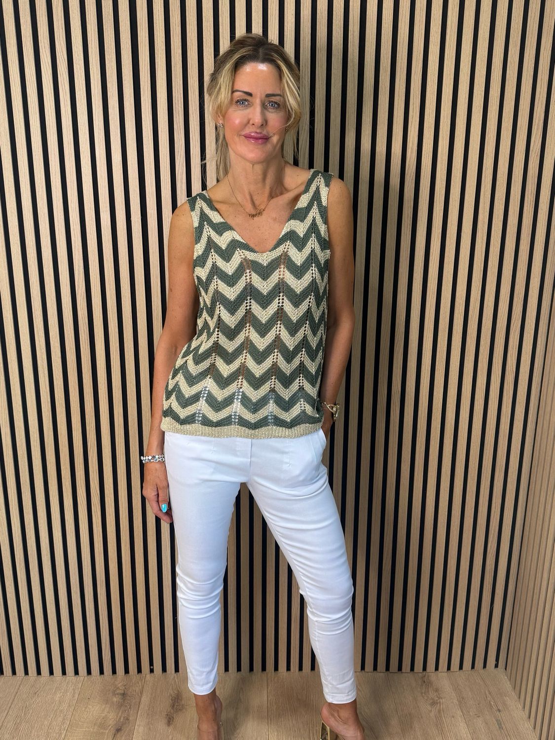 Sienna - Chevron Knit Vest Top - Khaki/Gold