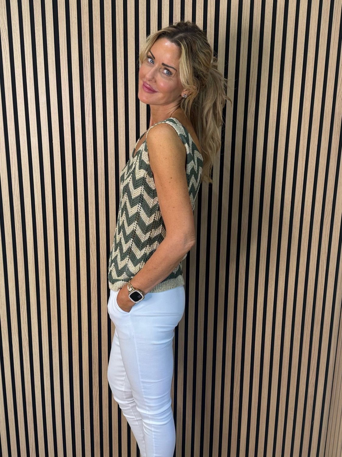 Sienna - Chevron Knit Vest Top - Khaki/Gold