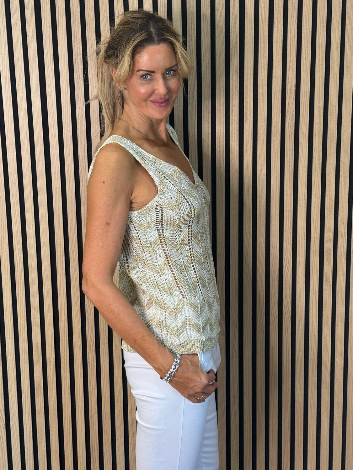 Sienna - Chevron Knit Vest Top - Cream/Gold