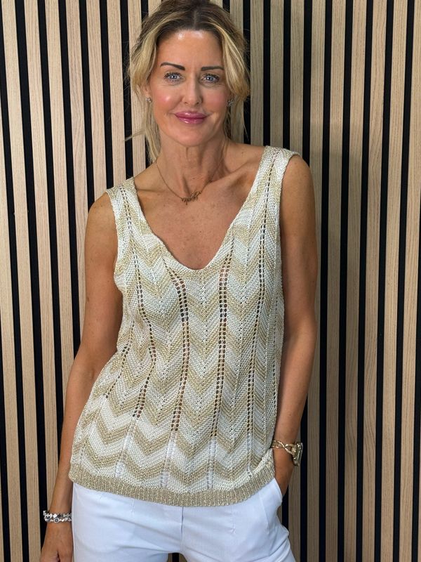 Sienna - Chevron Knit Vest Top - Cream/Gold