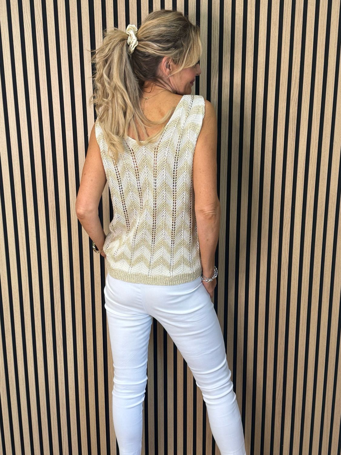 Sienna - Chevron Knit Vest Top - Cream/Gold
