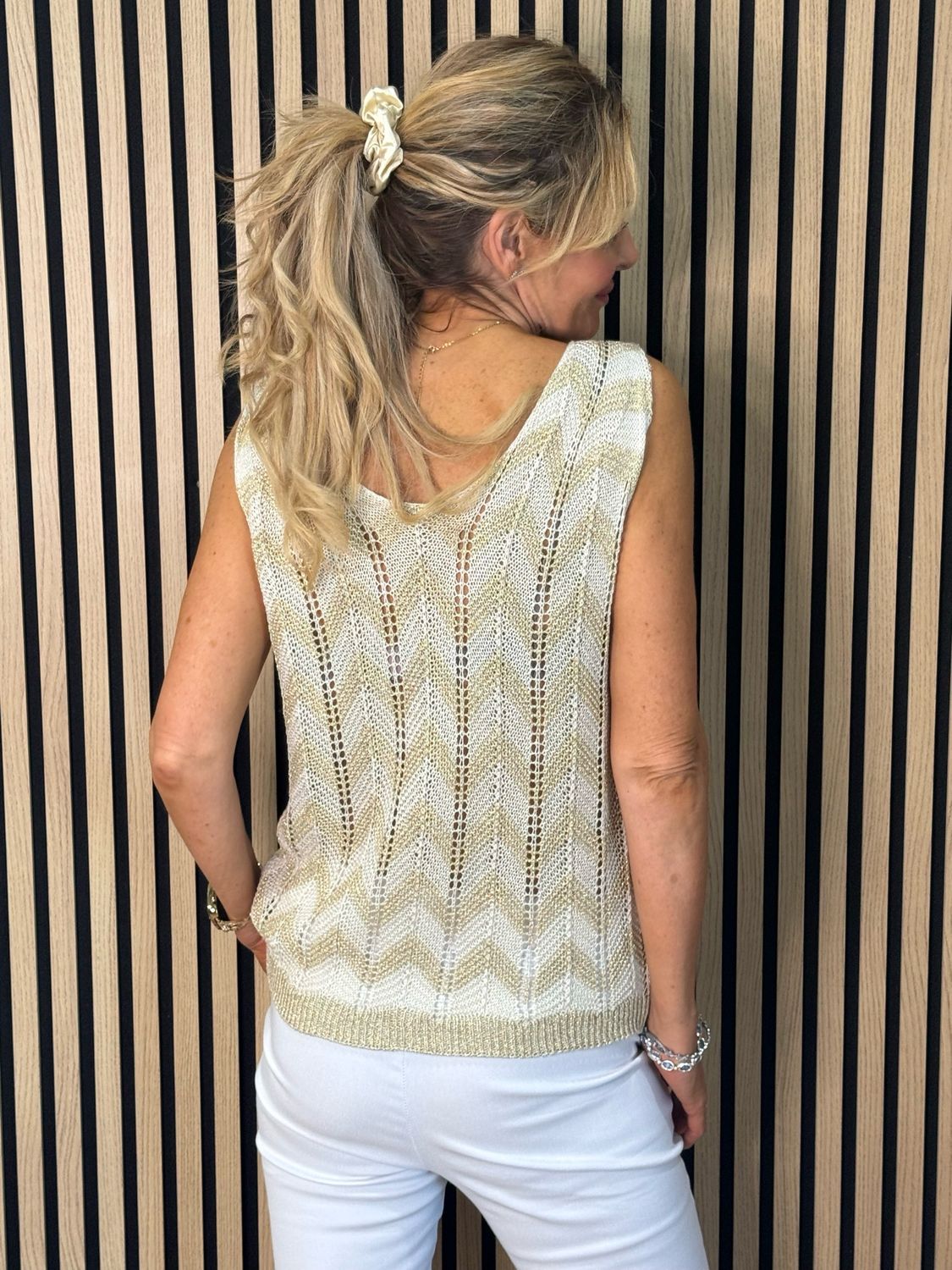Sienna - Chevron Knit Vest Top - Cream/Gold
