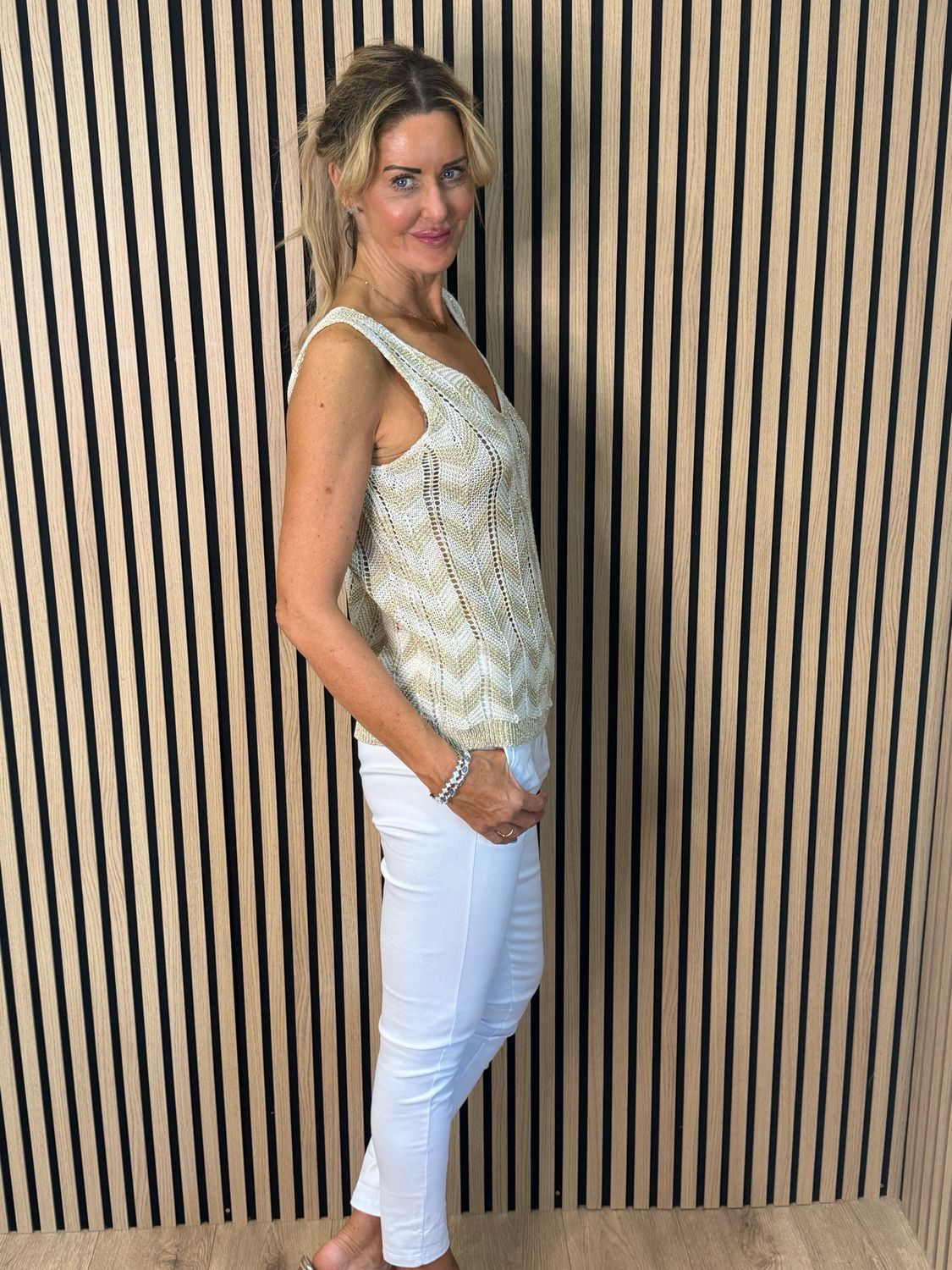Sienna - Chevron Knit Vest Top - Cream/Gold