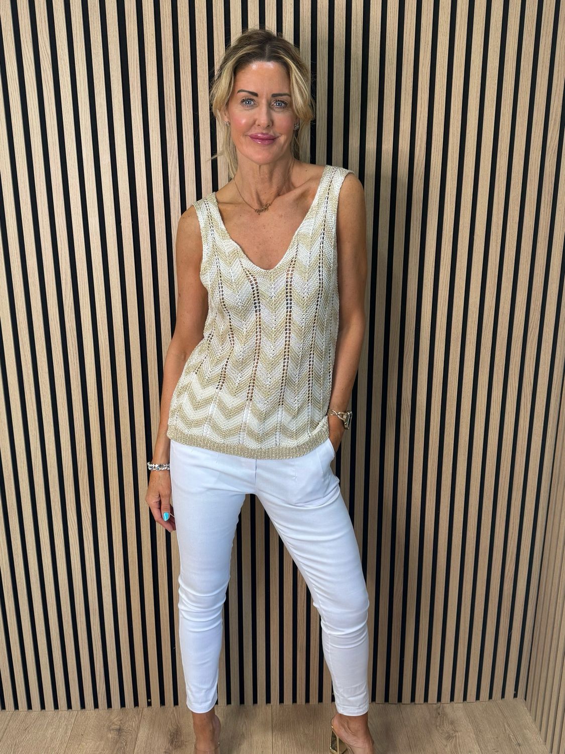 Sienna - Chevron Knit Vest Top - Cream/Gold
