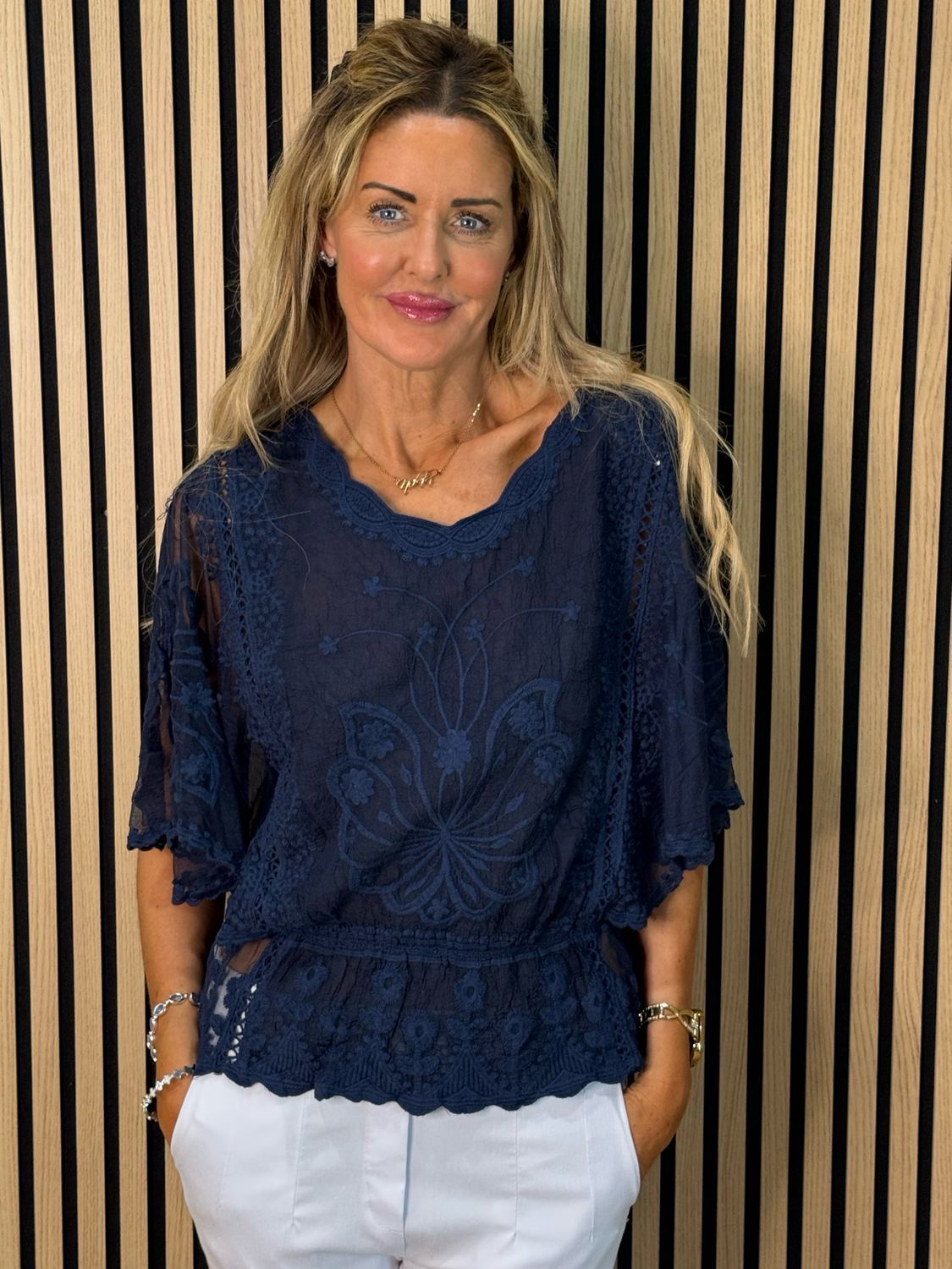 Bella - Lace Overlay Top - Navy