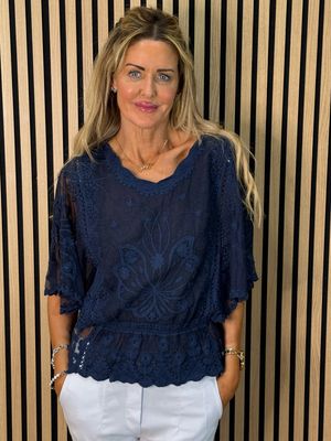 Bella - Lace Overlay Top - Navy