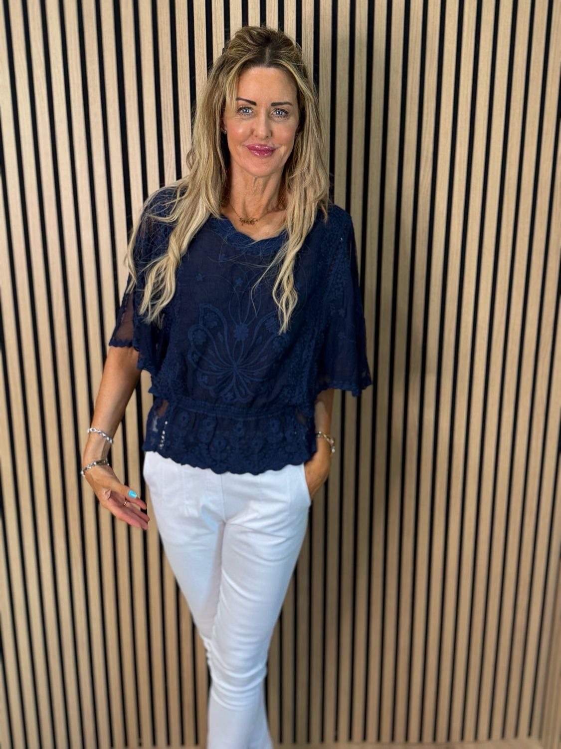 Bella - Lace Overlay Top - Navy