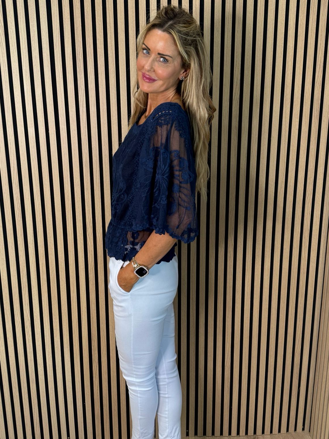 Bella - Lace Overlay Top - Navy