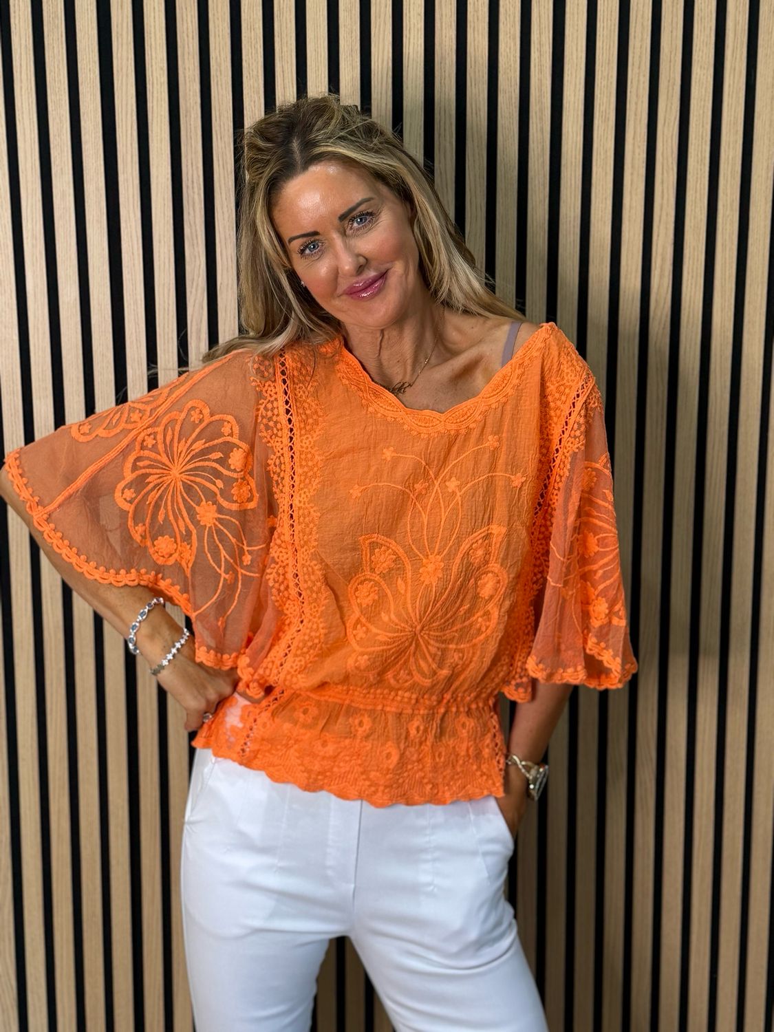Bella - Lace Overlay Top - Coral