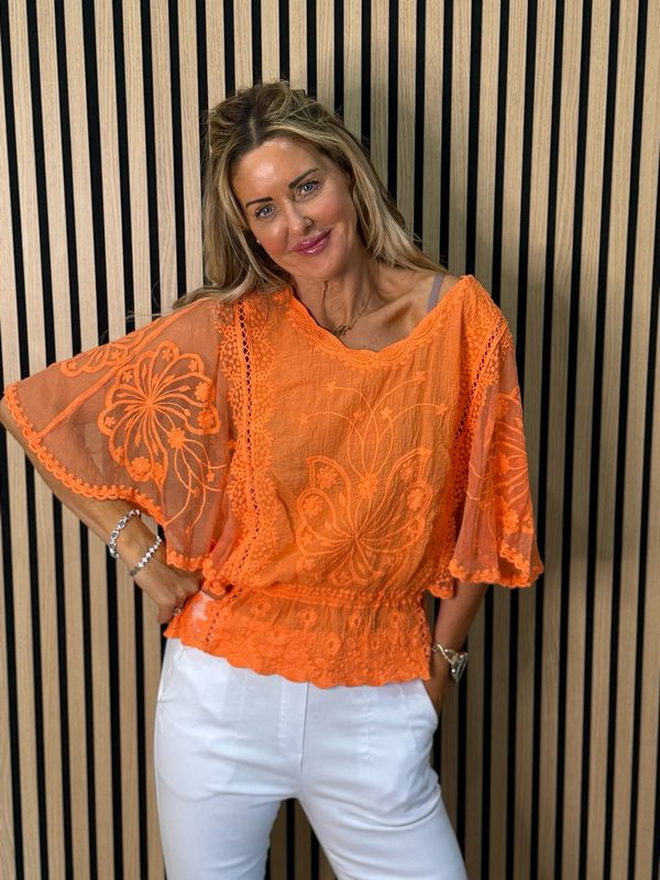 Bella - Lace Overlay Top - Coral