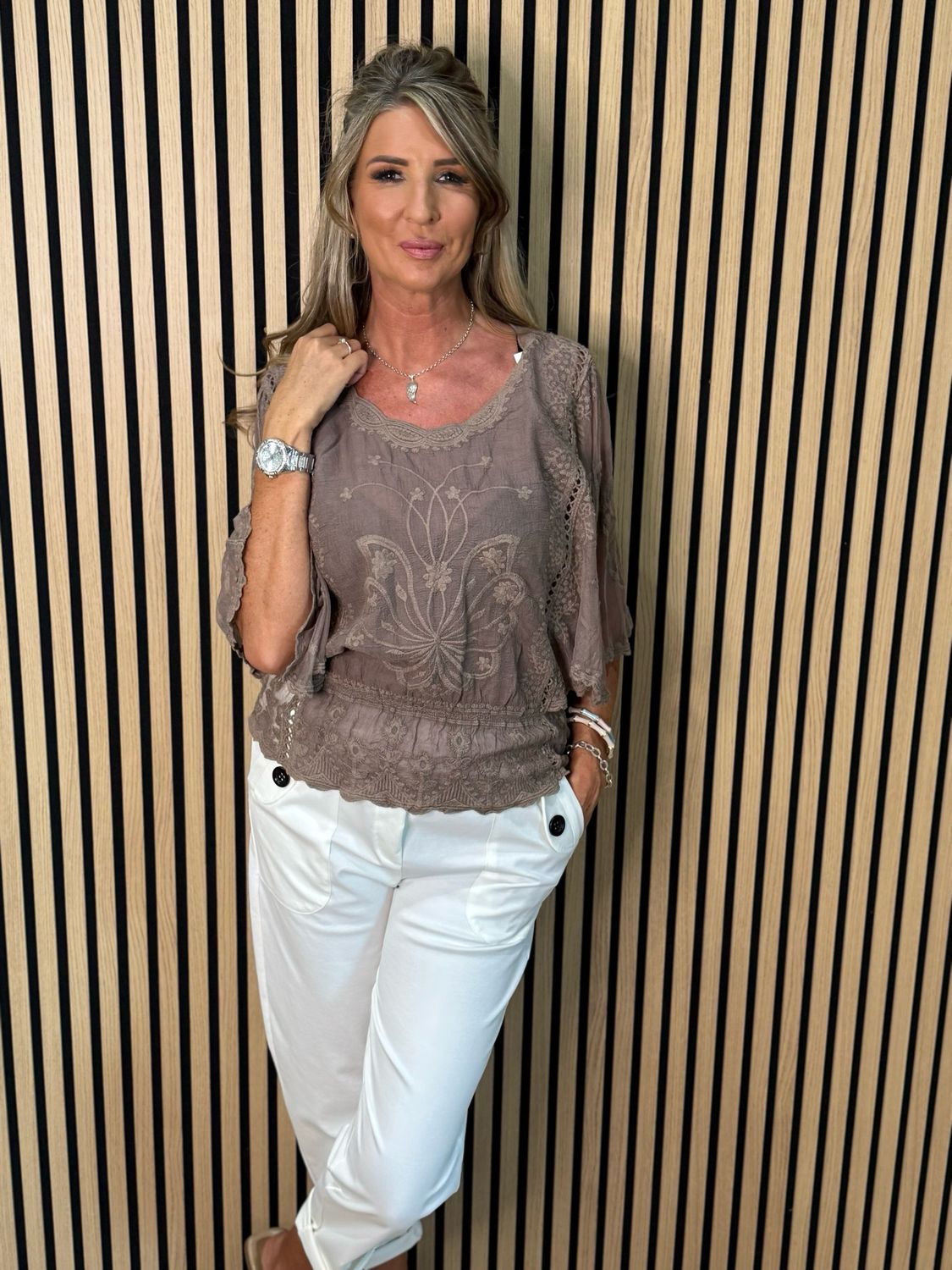 Bella - Lace Overlay Top - Taupe