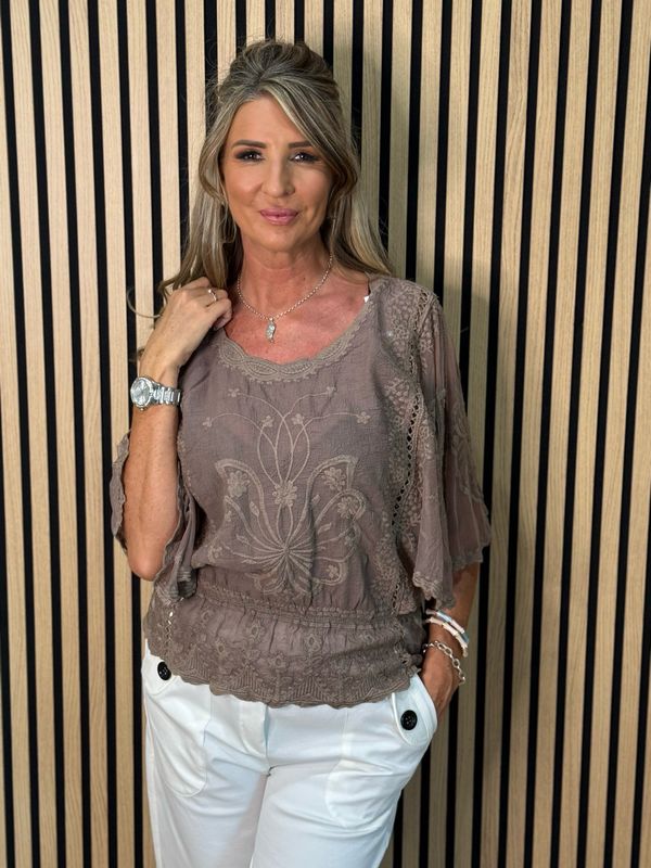 Bella - Lace Overlay Top - Taupe