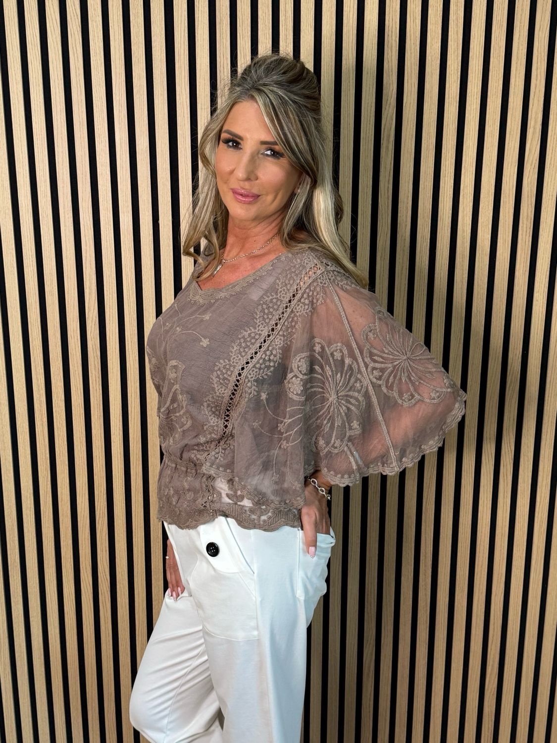 Bella - Lace Overlay Top - Taupe