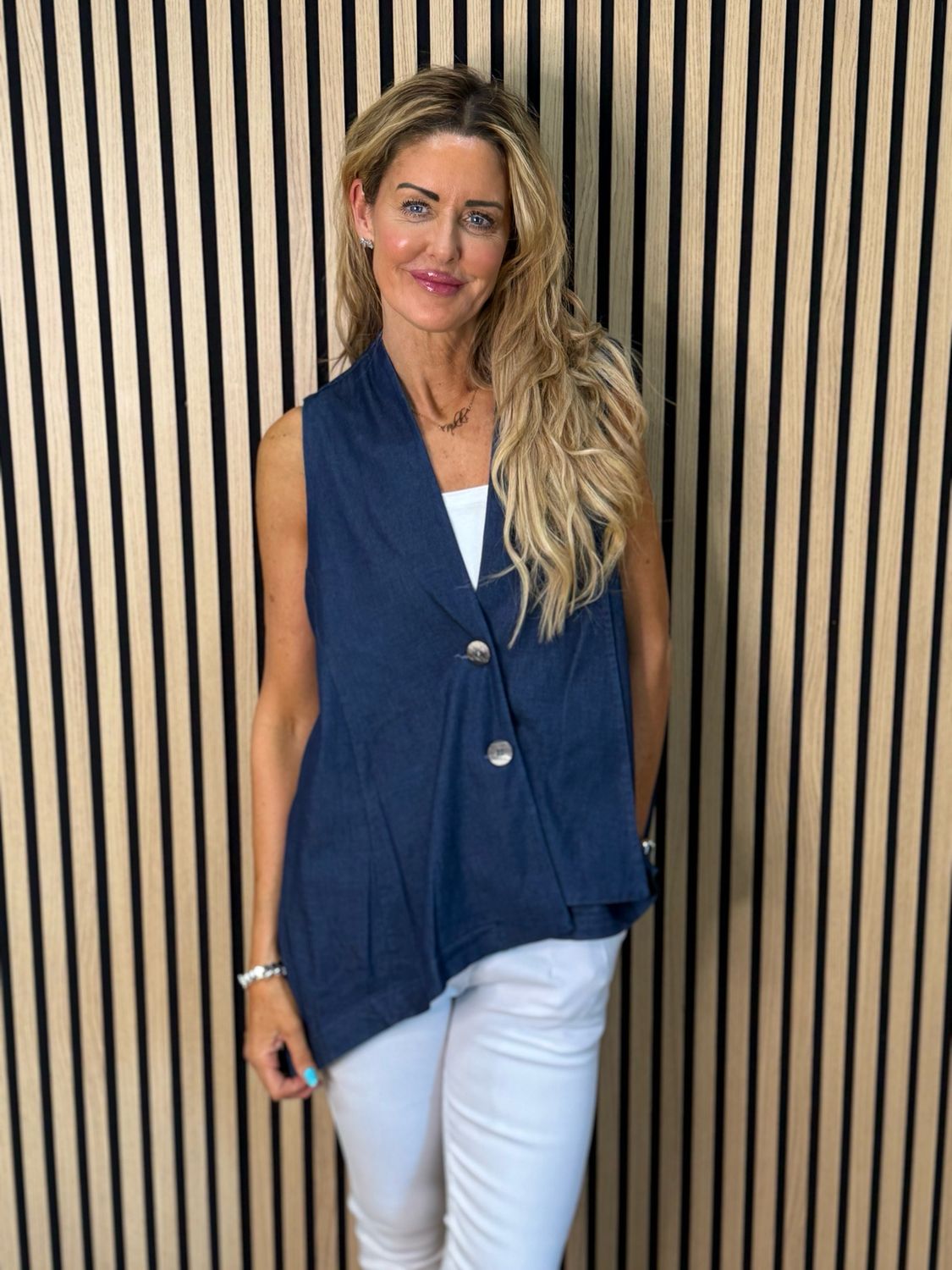 Sienna - Button Front Waistcoat - Denim Blue
