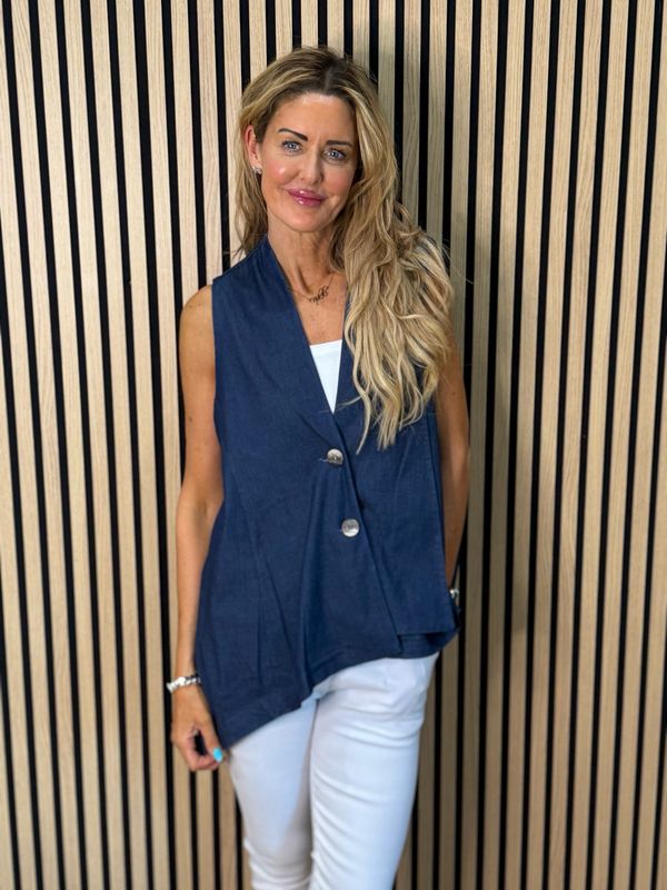 Sienna - Button Front Waistcoat - Denim Blue