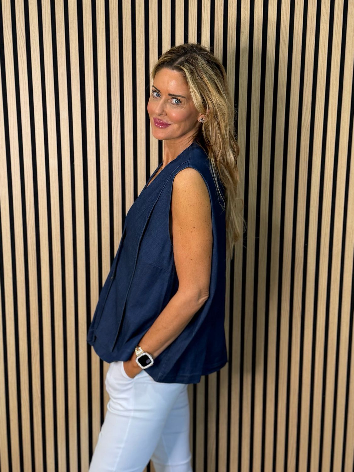 Sienna - Button Front Waistcoat - Denim Blue