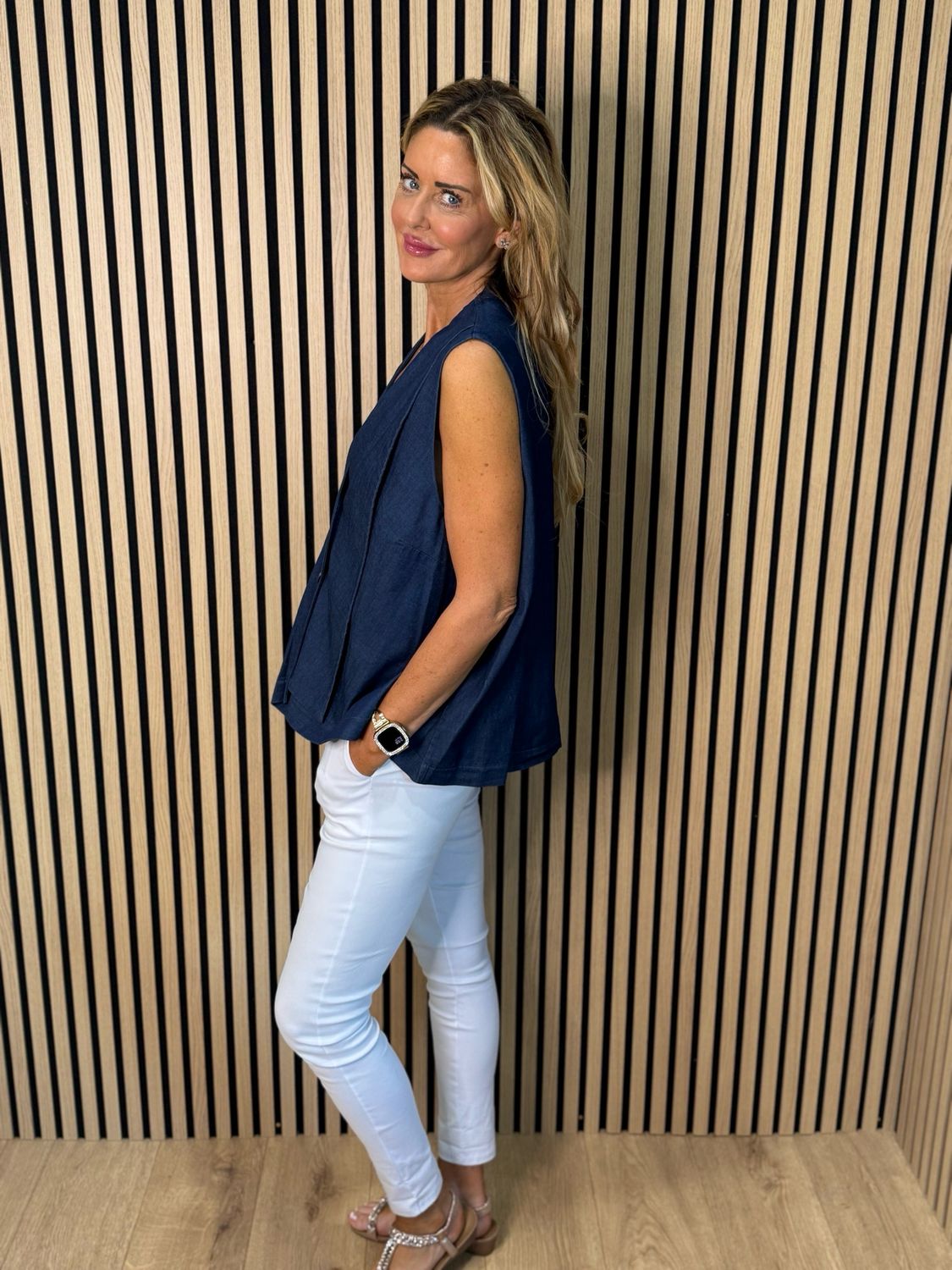 Sienna - Button Front Waistcoat - Denim Blue