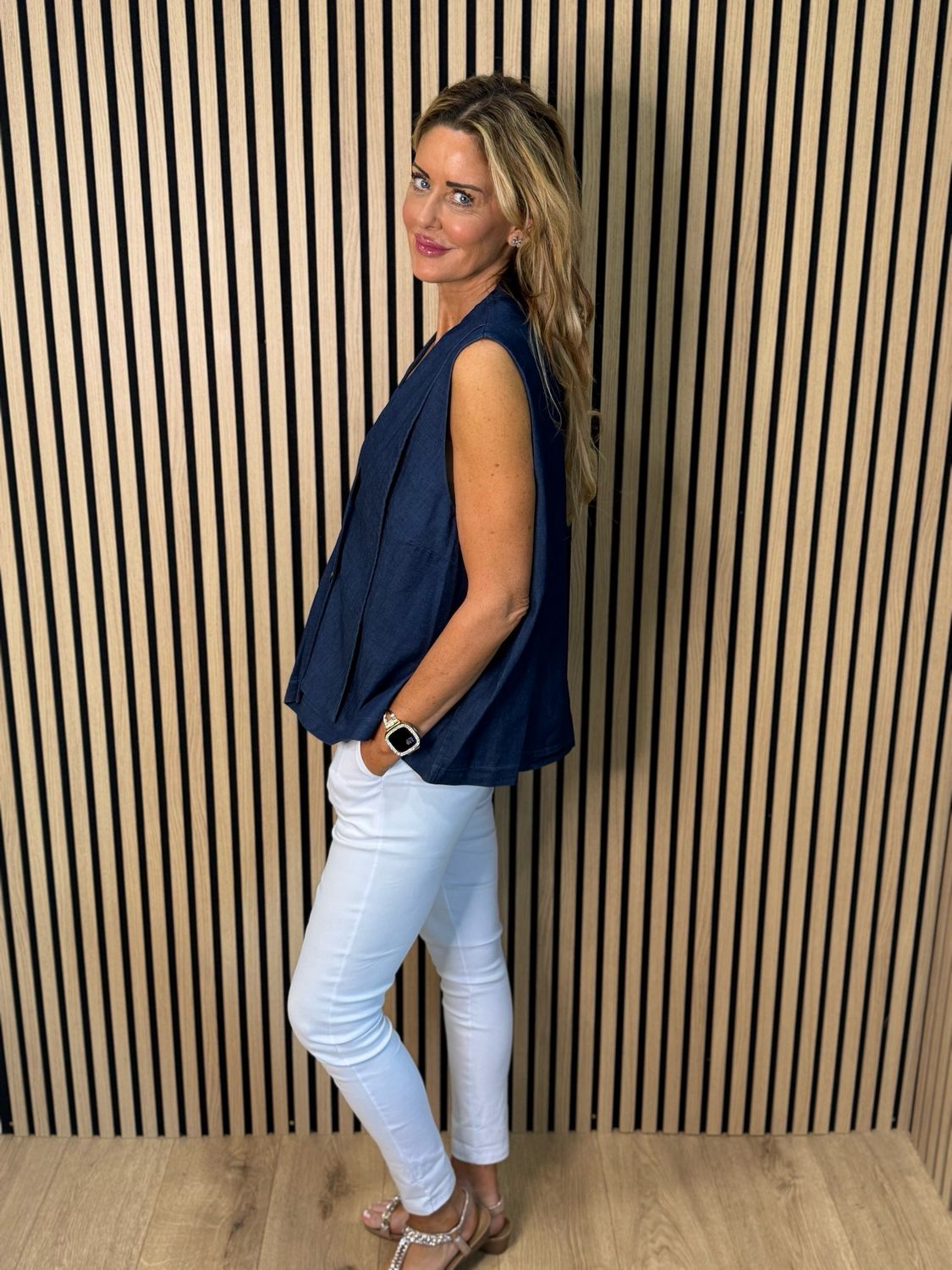 Sienna - Button Front Waistcoat - Denim Blue