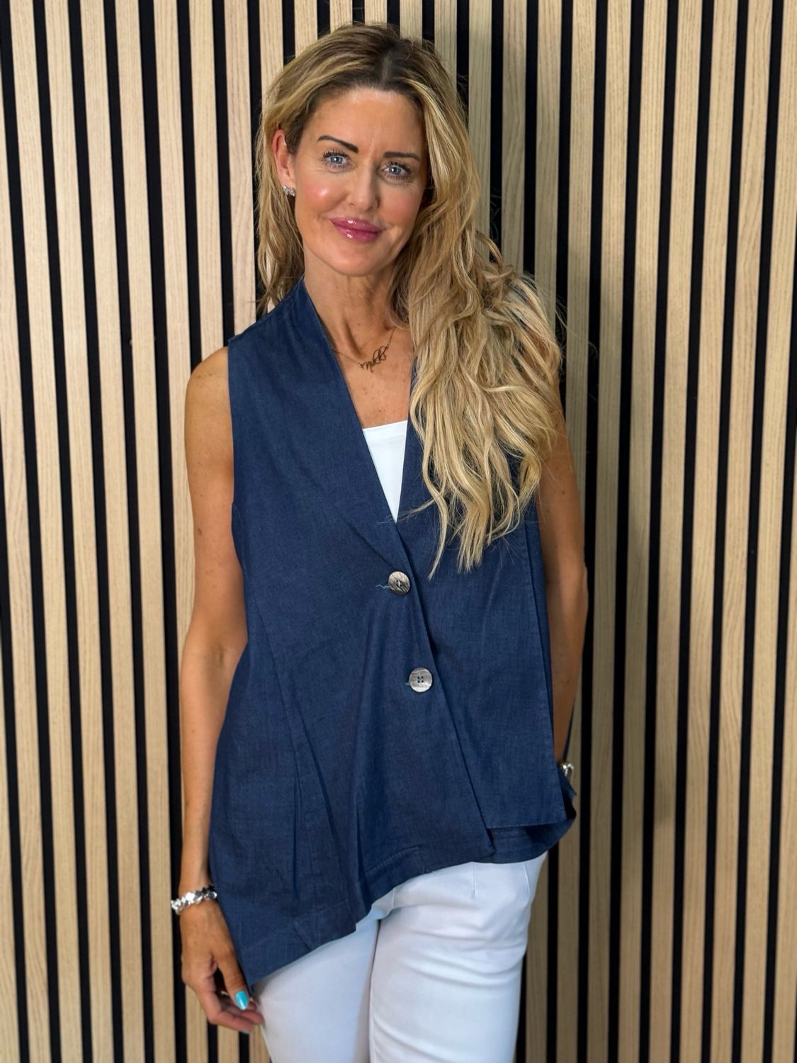 Sienna - Button Front Waistcoat - Denim Blue