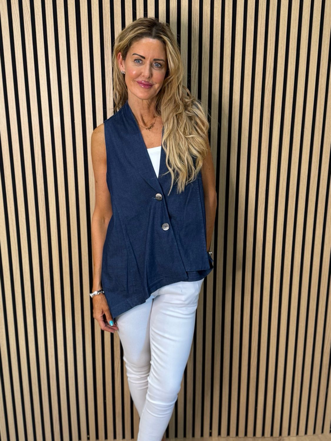 Sienna - Button Front Waistcoat - Denim Blue