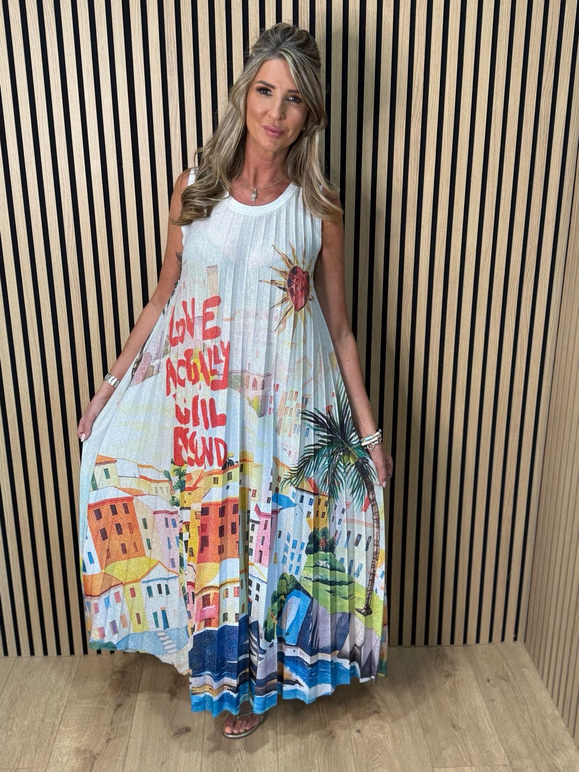 Solara - Cityscape Pleated Maxi Dress - Multi