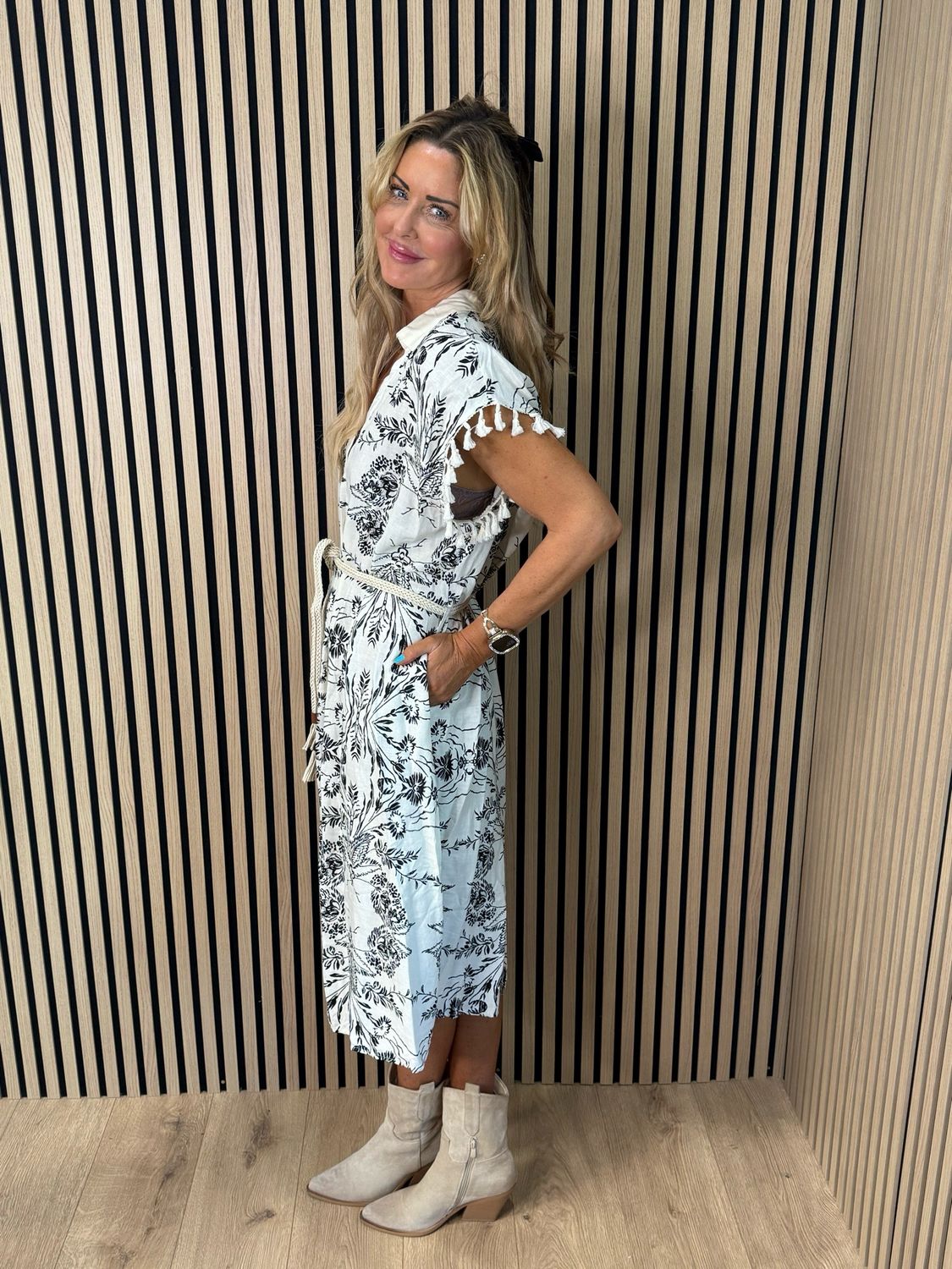 Floral Tassel Sleeve Dress - White