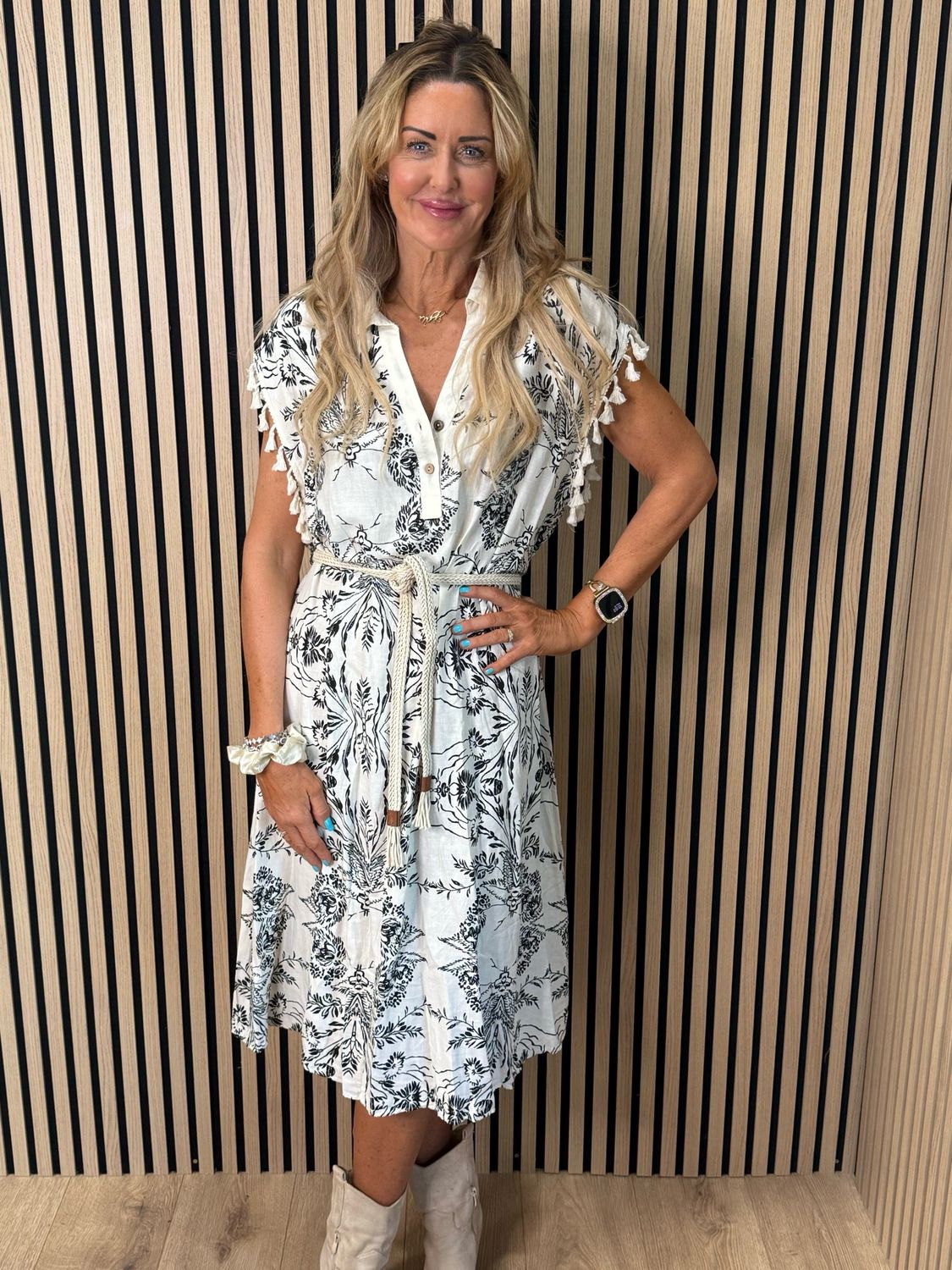 Floral Tassel Sleeve Dress - White