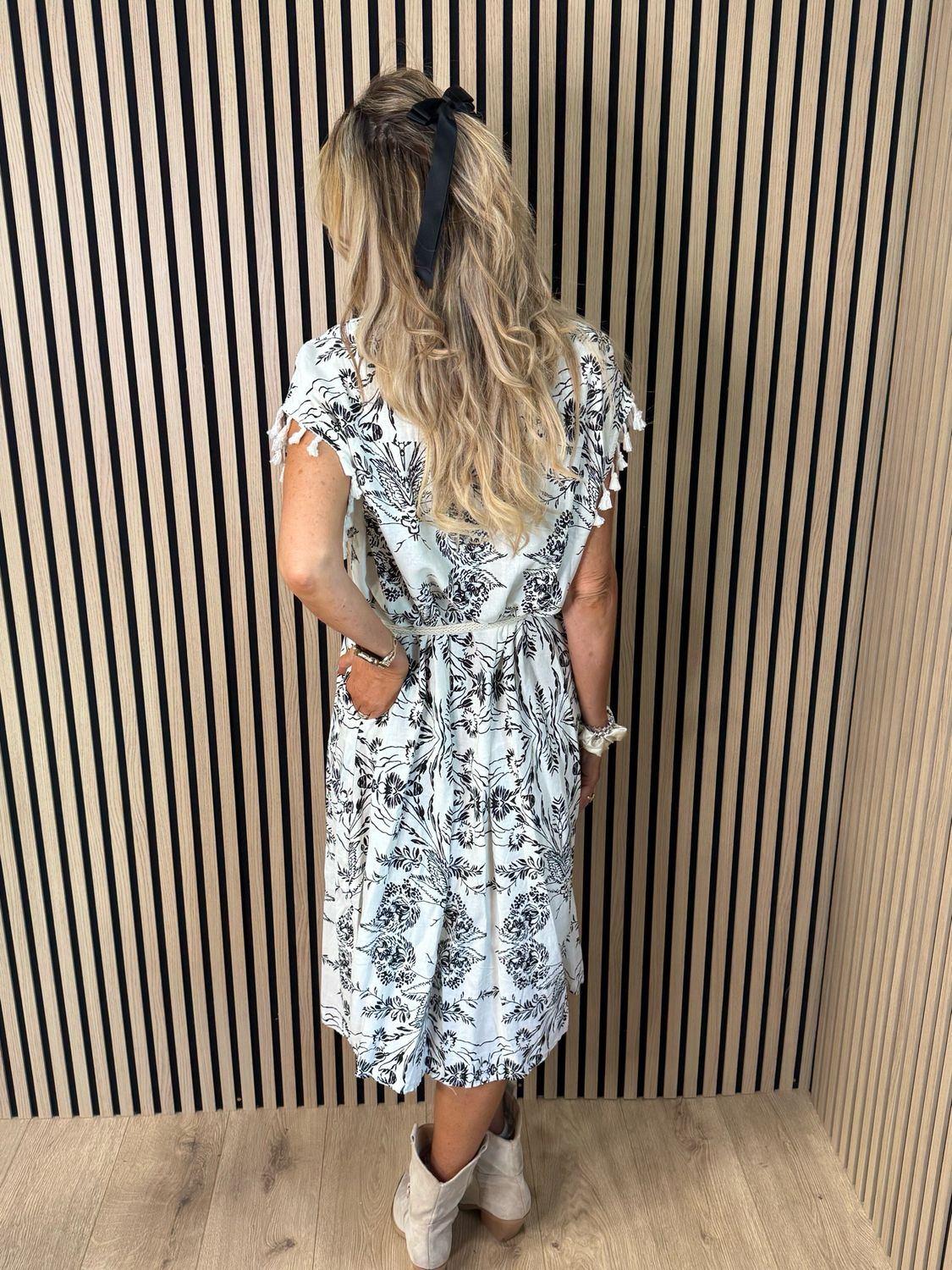 Floral Tassel Sleeve Dress - White
