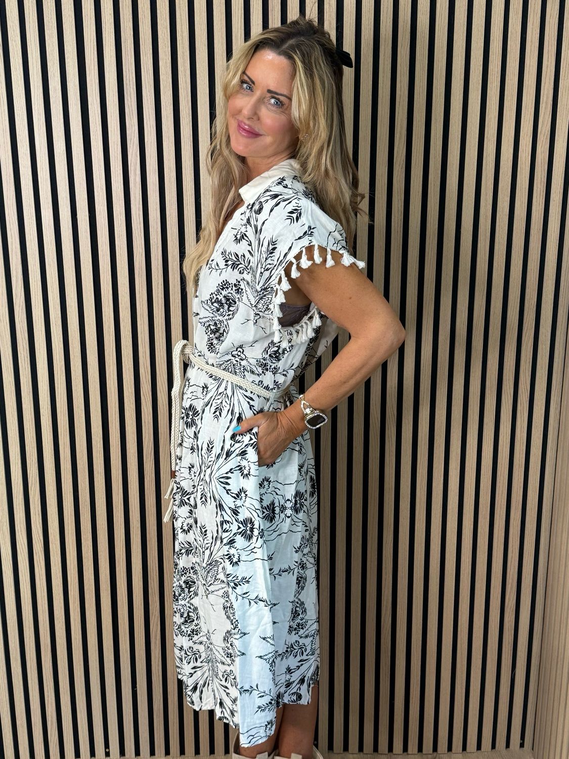Floral Tassel Sleeve Dress - White