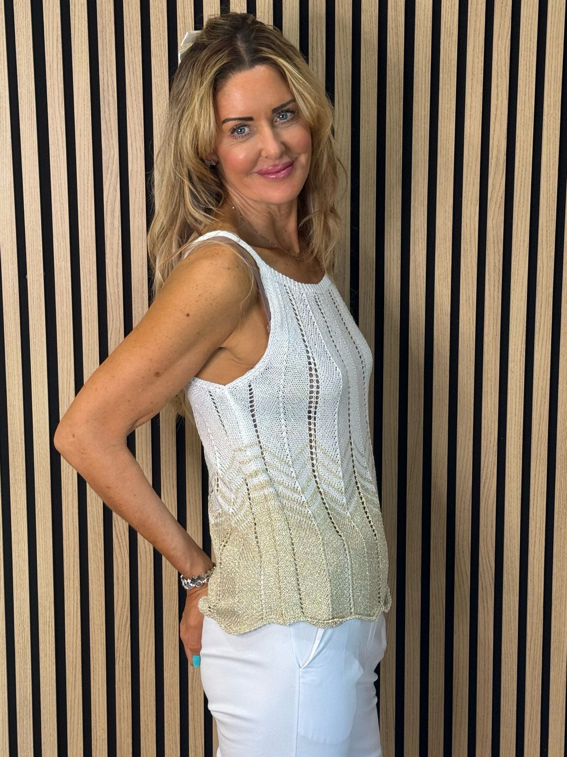 Luna - Shimmer Knit Vest Top - White/Gold