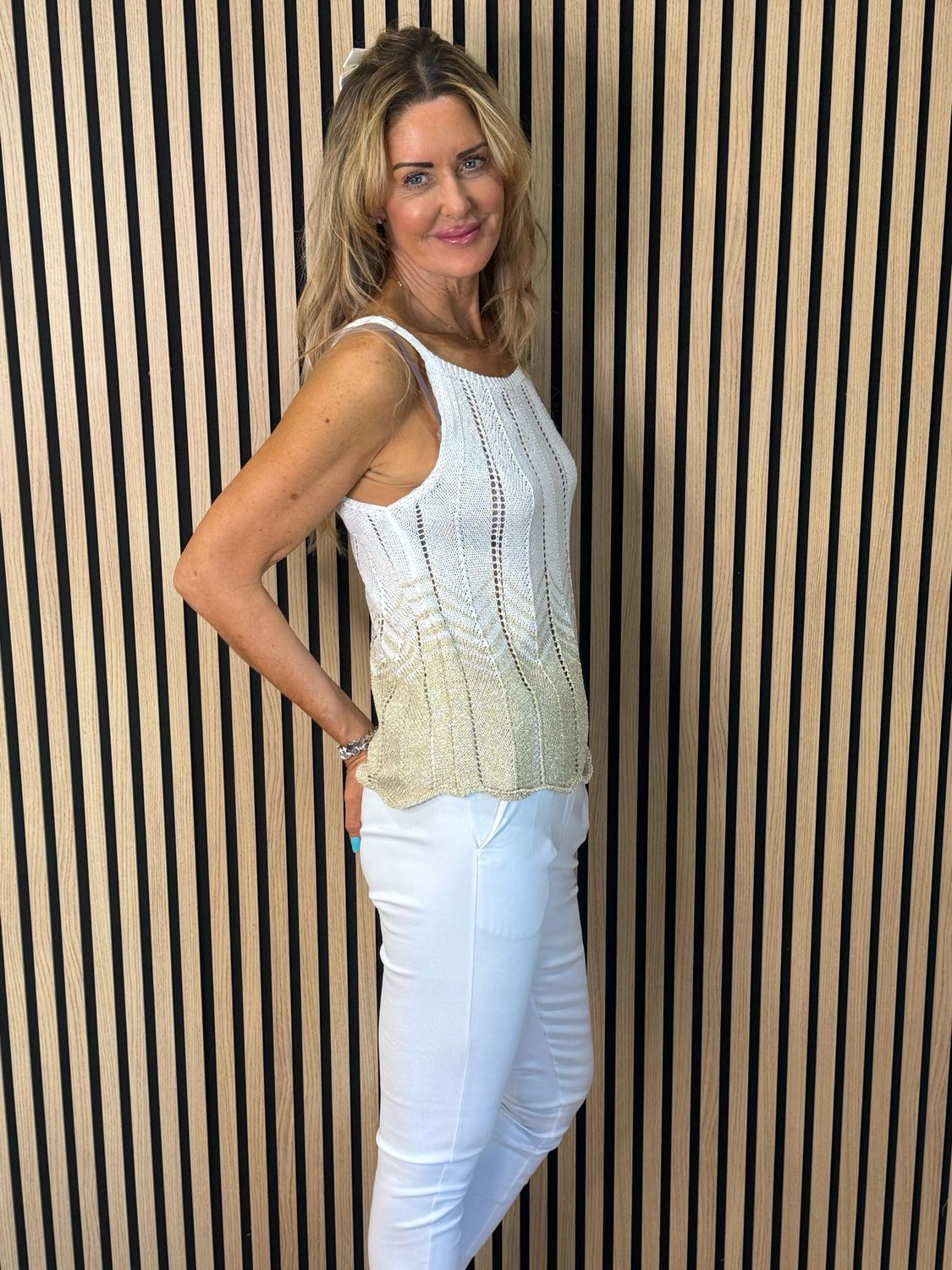 Luna - Shimmer Knit Vest Top - White/Gold