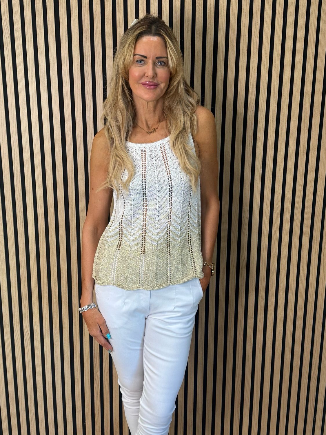 Luna - Shimmer Knit Vest Top - White/Gold