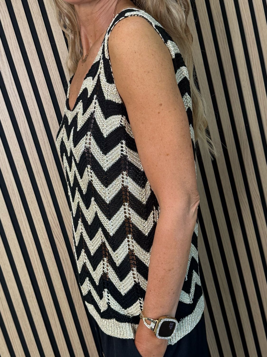 Sienna - Chevron Knit Vest Top - Black/Gold