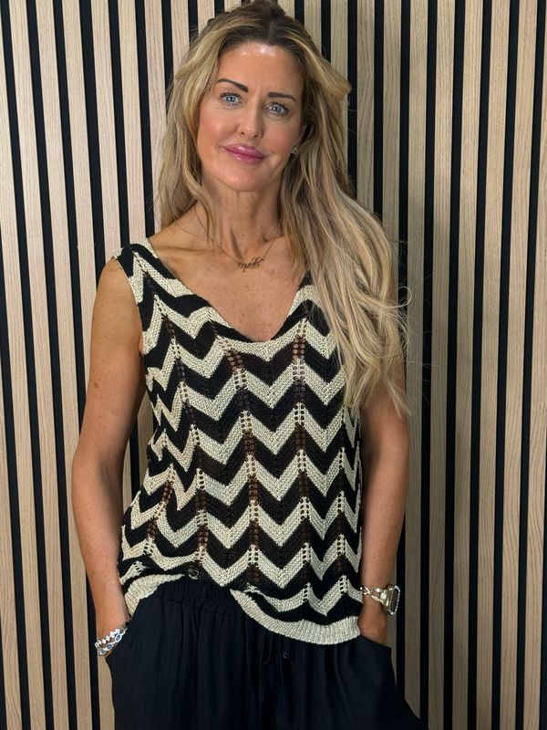 Sienna - Chevron Knit Vest Top - Black/Gold