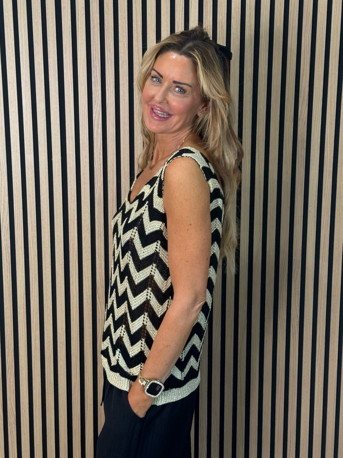 Sienna - Chevron Knit Vest Top - Black/Gold