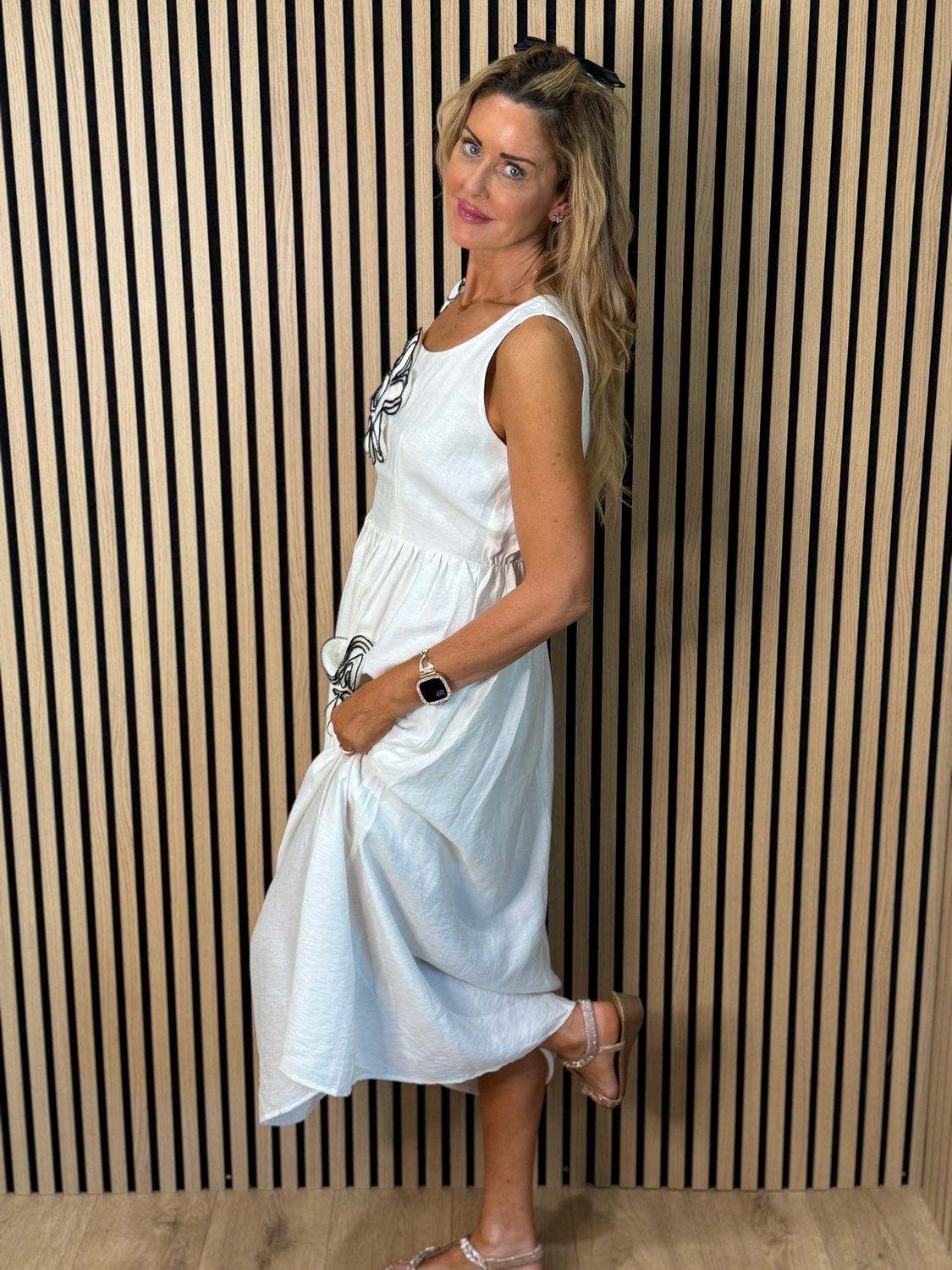 Luna - Floral Appliqué Midi Dress - Cream