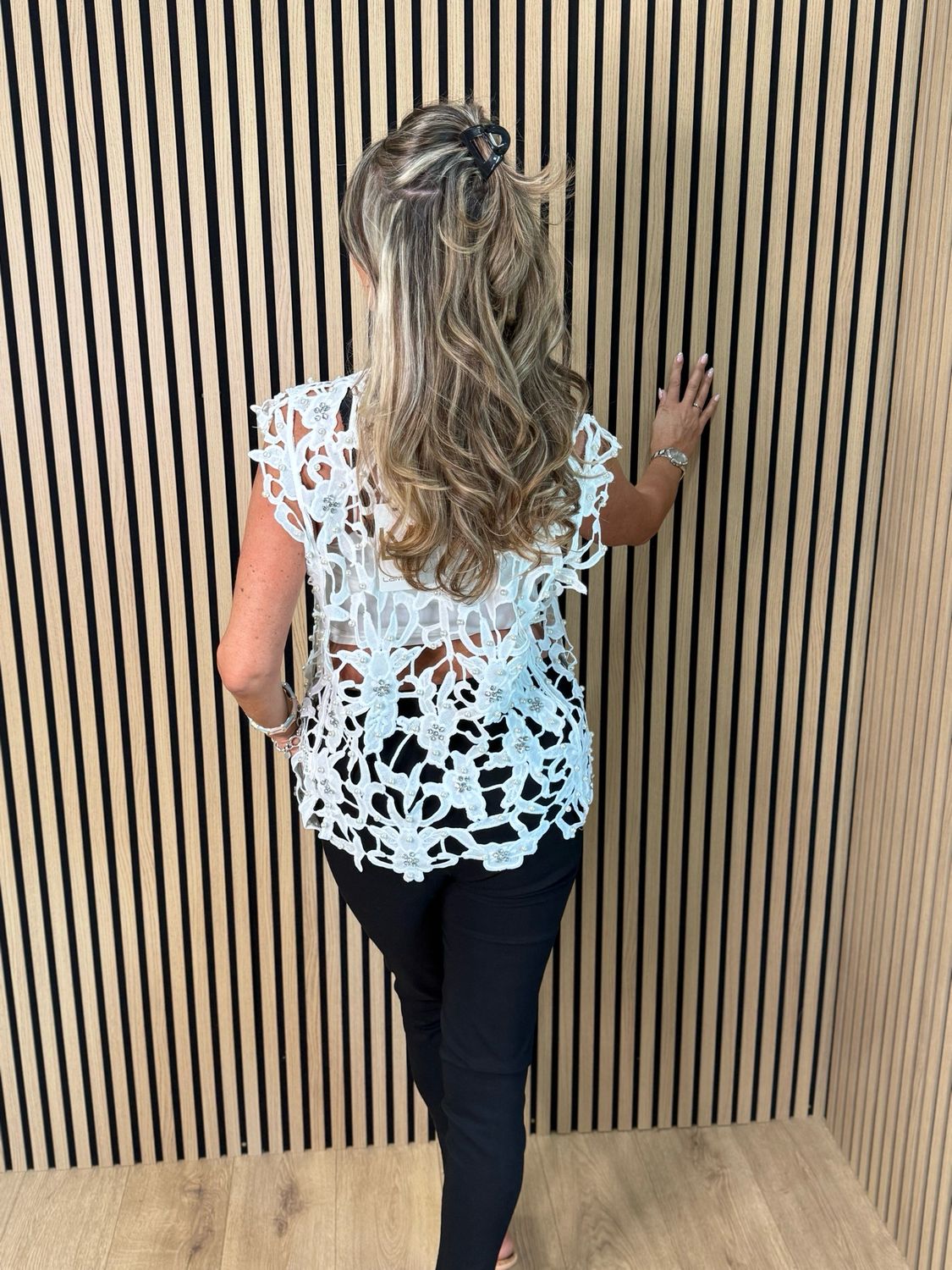Elara - Pearl Embellished Lace Top - White