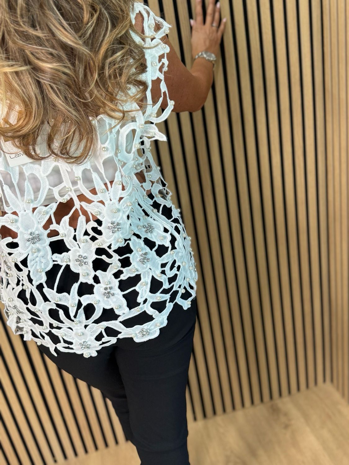 Elara - Pearl Embellished Lace Top - White