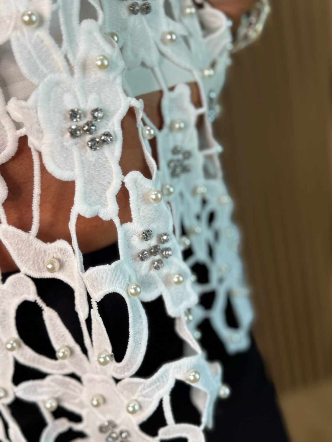 Elara - Pearl Embellished Lace Top - White