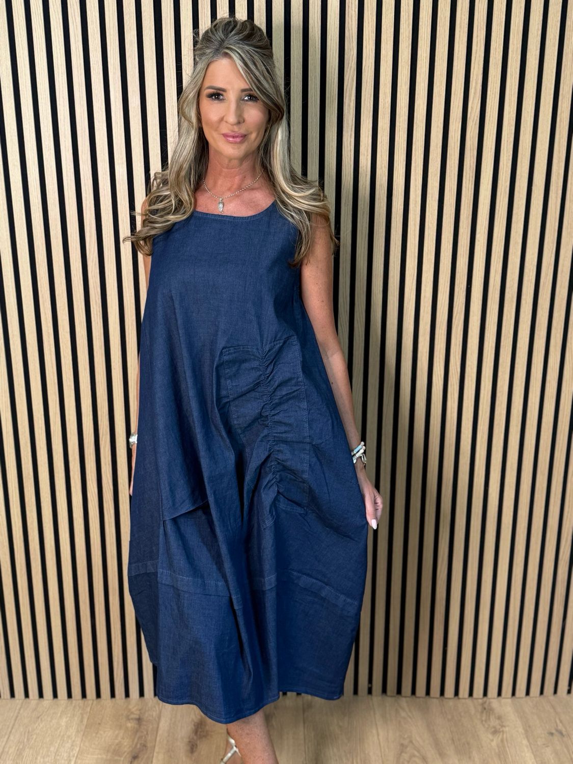 Indie - Relaxed Pocket Midi Dress - Denim Blue