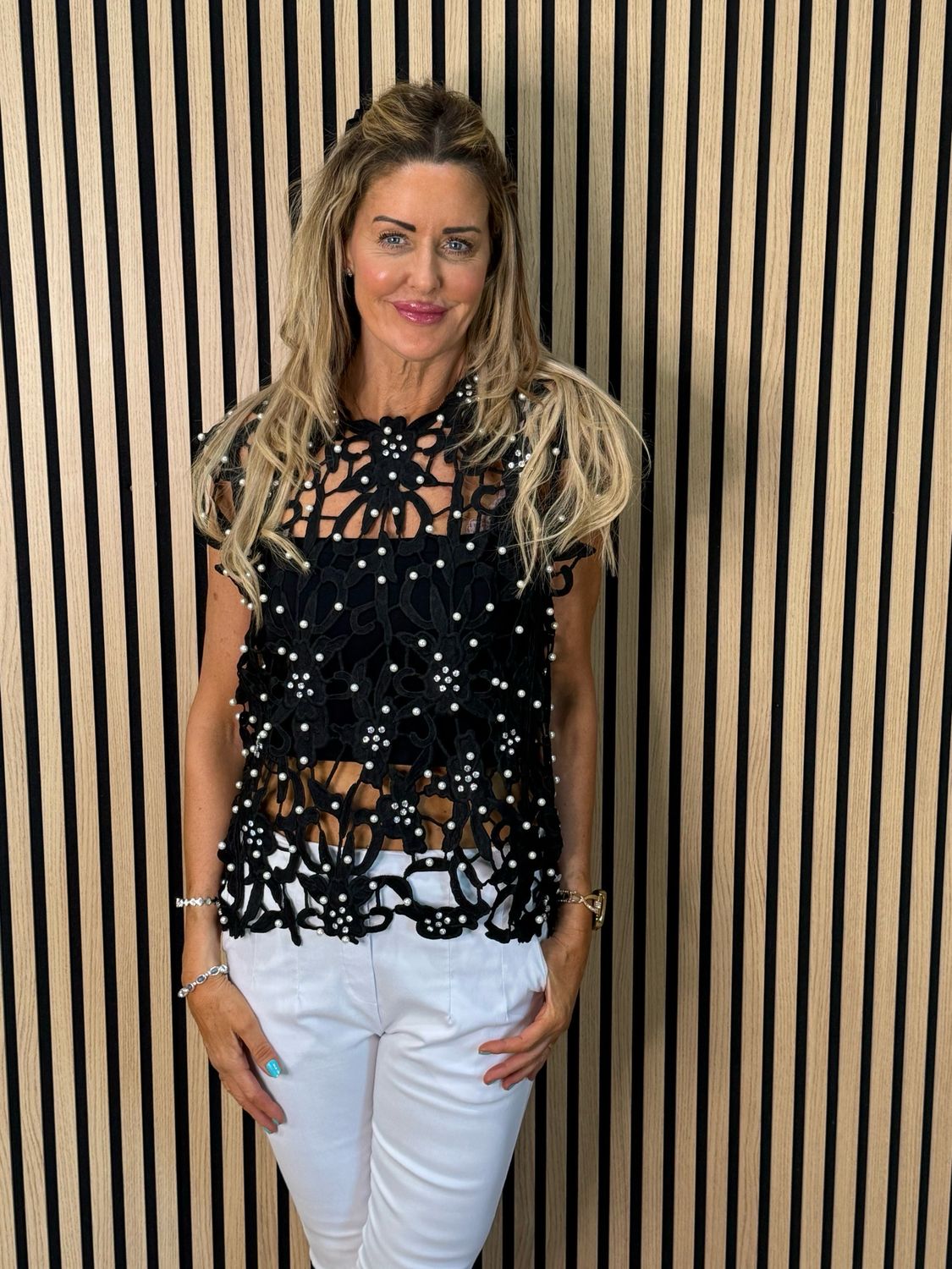Elara - Pearl Embellished Lace Top - Black