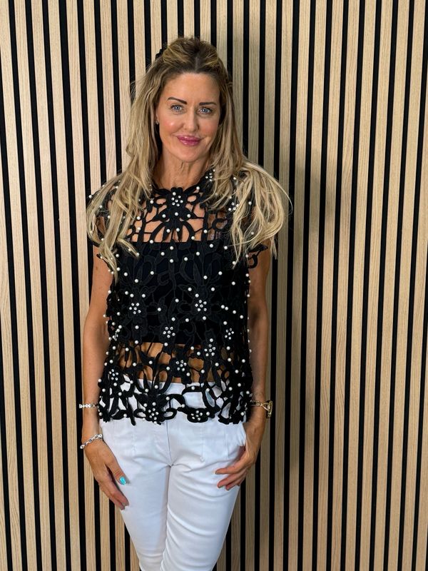 Elara - Pearl Embellished Lace Top - Black