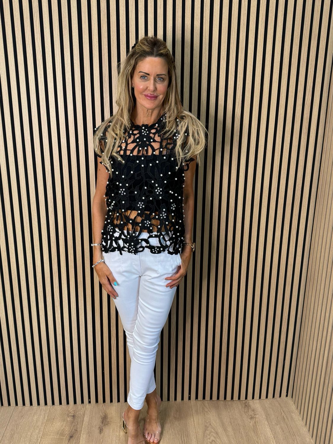 Elara - Pearl Embellished Lace Top - Black