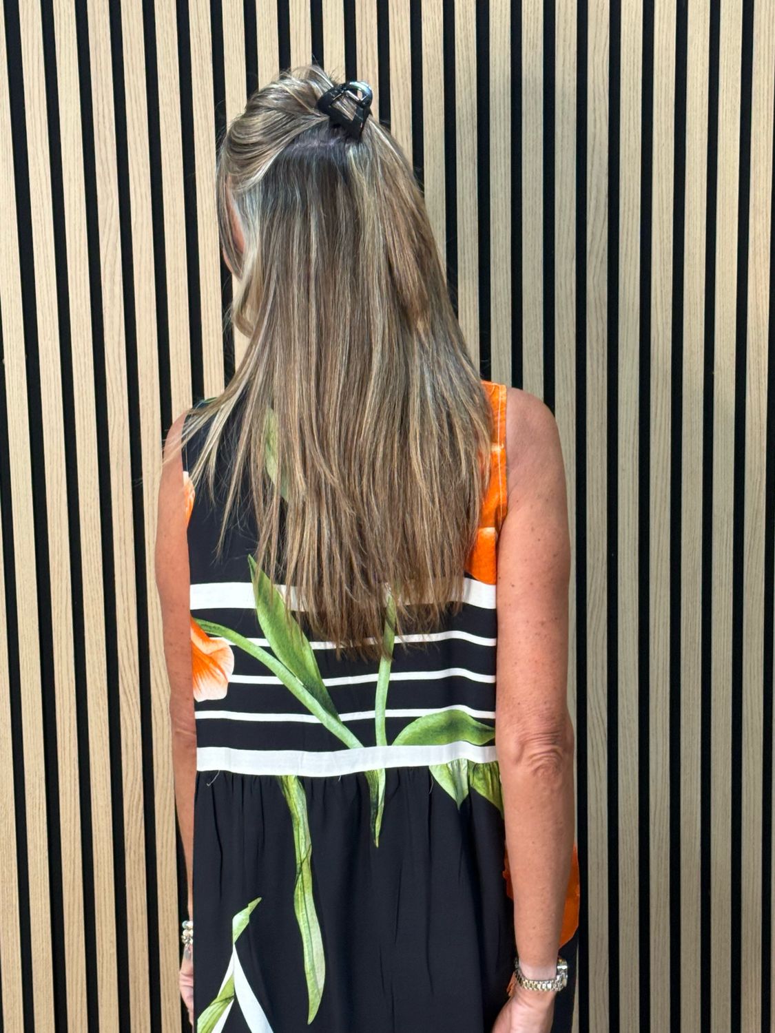 Tropical Stripe Print Sleeveless Midi Dress - Black/Orange